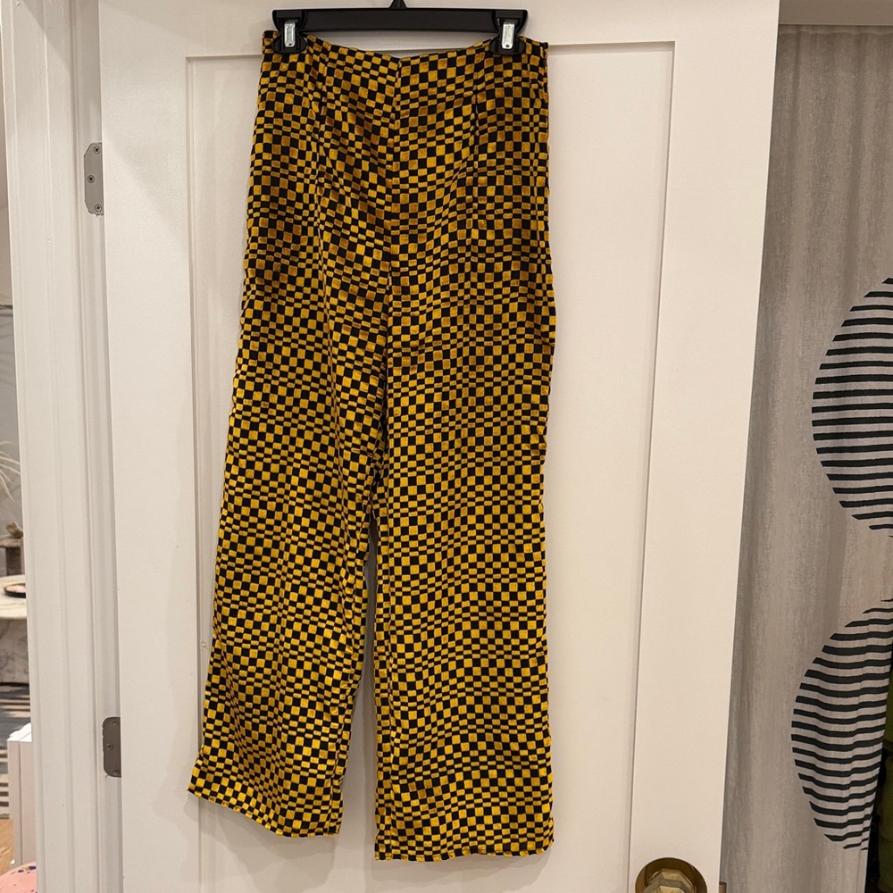 Batsheva Yellow and Black Checkered Wide Leg Pants